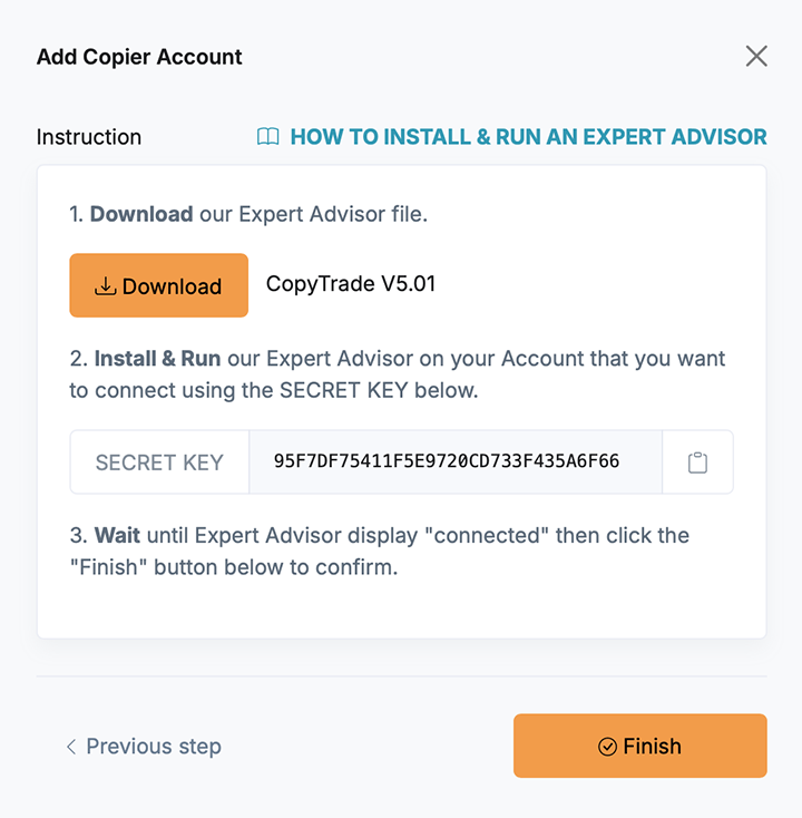 Instruction how to connect trading account using expert advisor